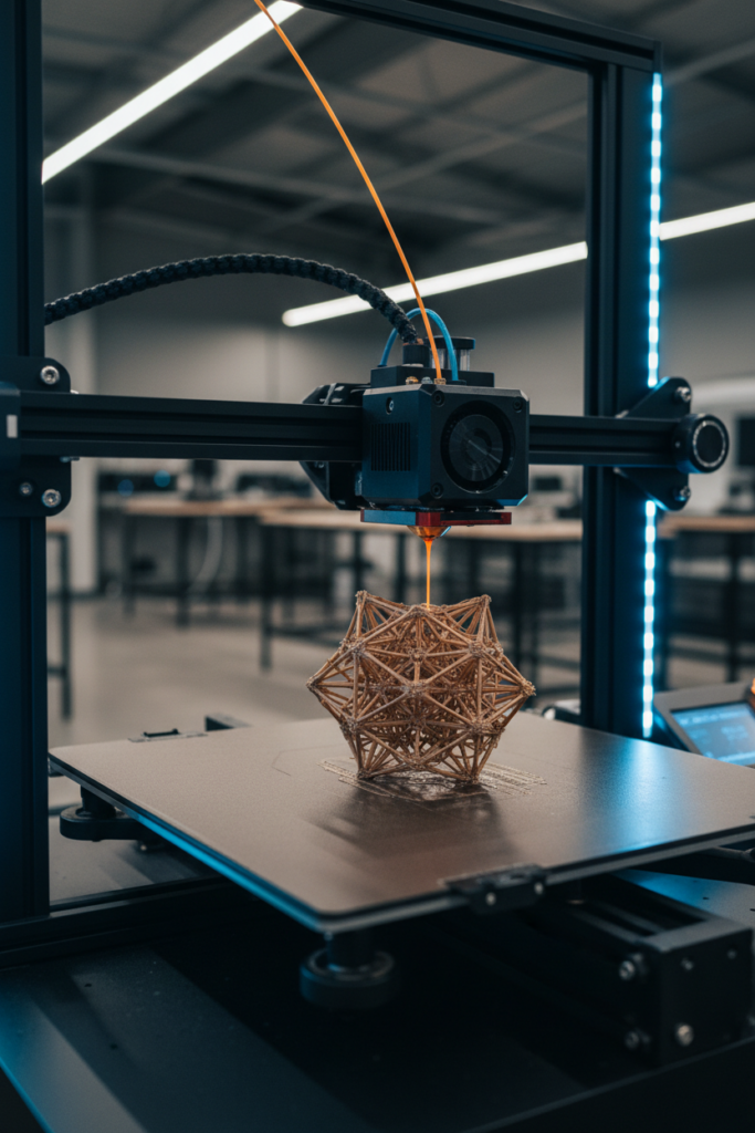 Een 3D-printer bouwt een complex geometrisch object van bruin filament in een werkplaats.