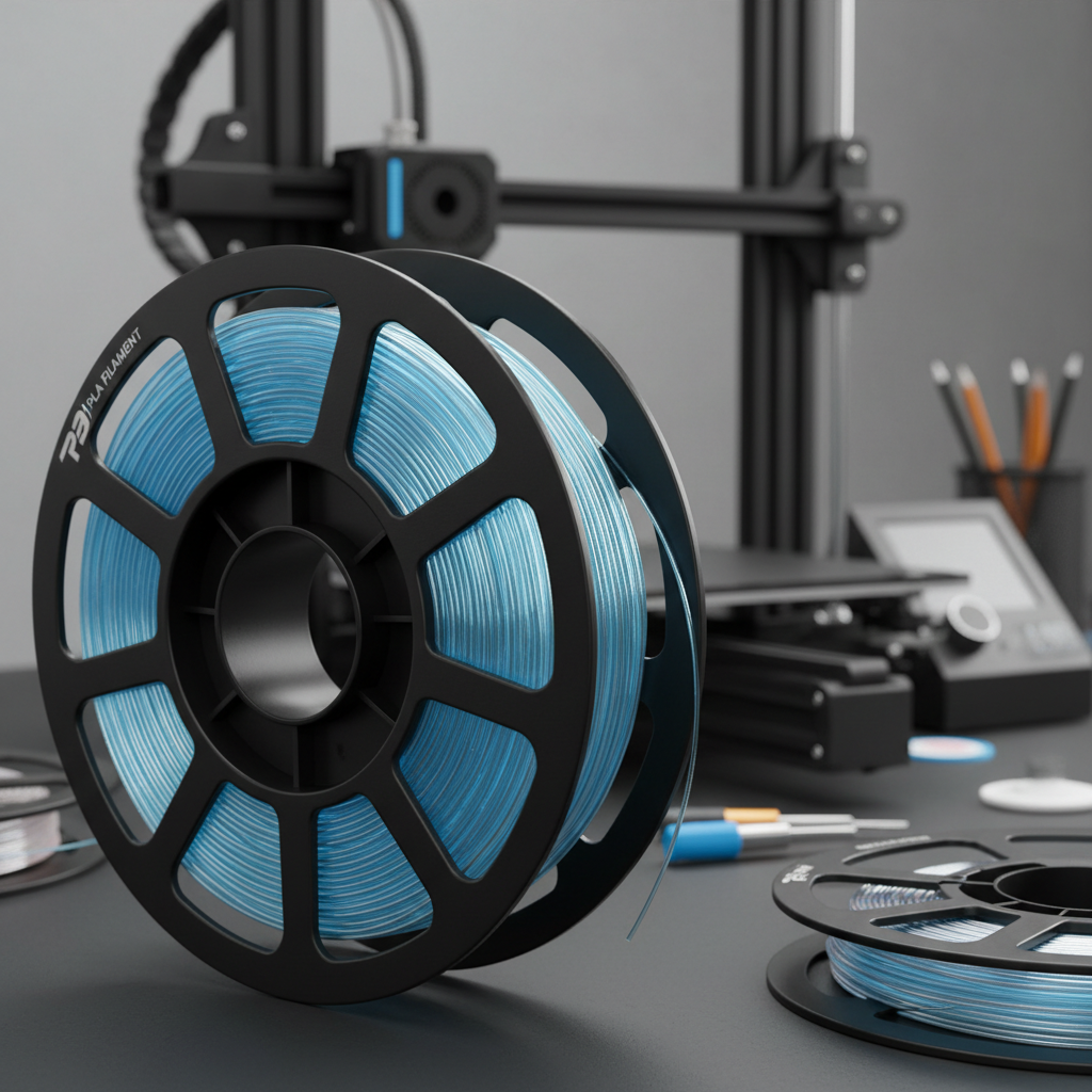 Een spoel met lichtblauw 3D-printerfilament staat op een bureau voor een 3D-printer.